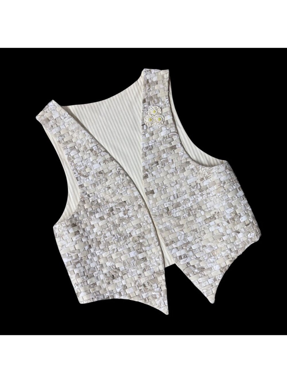 Handmade Vest Woven Daisy Accents Floral Open Front Beige Cream Yellow Flowers - Picture 1 of 5